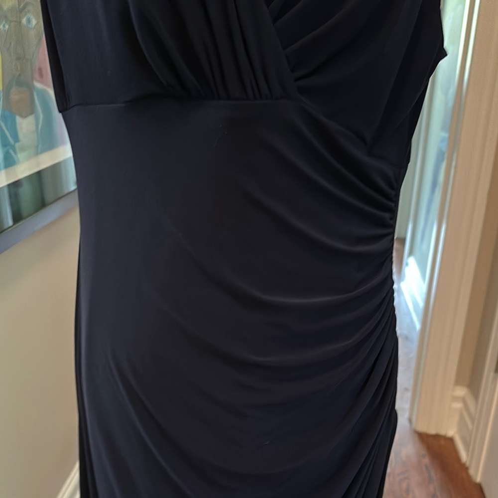 Ralph Lauren Navy Jersey Midi Dress V-Neck Sleeveless w flattering side-Rushing - Picture 3 of 7